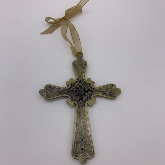 Gorgeous Vtg. Amber Gold Glitter Bronze Tone Metal Jeweled Cross Ornament - Picture 7 of 7